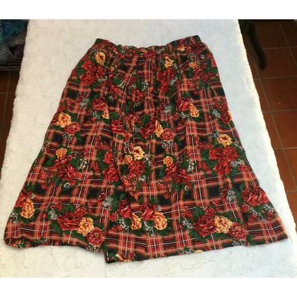 Talbots Dresses & Skirts - Talbots Petites Womens Rayon Plaid & Floral Midi Skirt Size 12P Red/Green Pocket